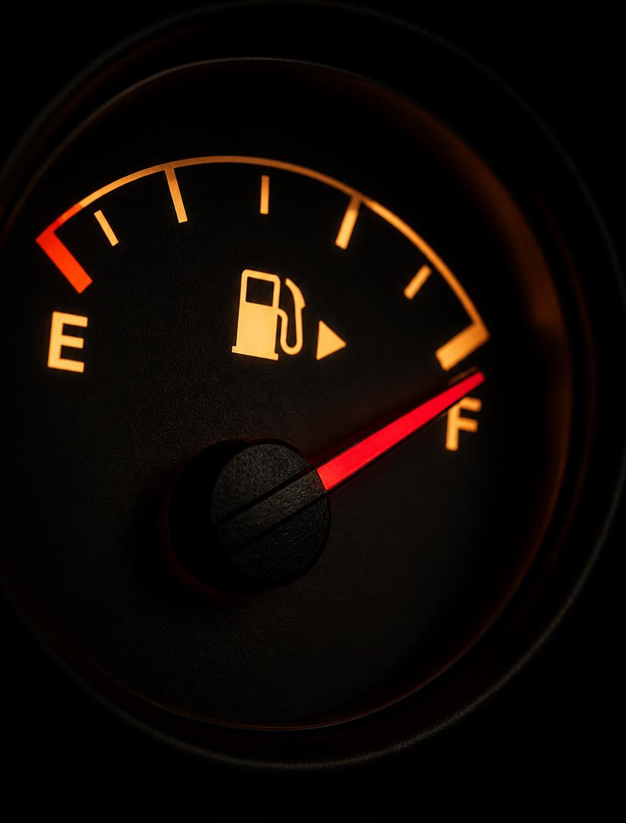 Illuminated fuel gauge needle pointing to full